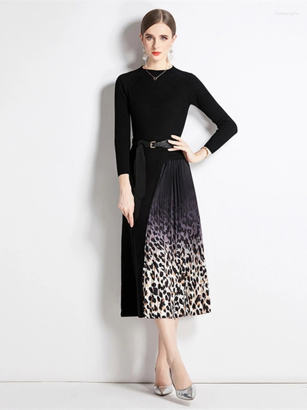 Black Midi Dress with Leopard Print Pleated Panel - Picture 2 of 3